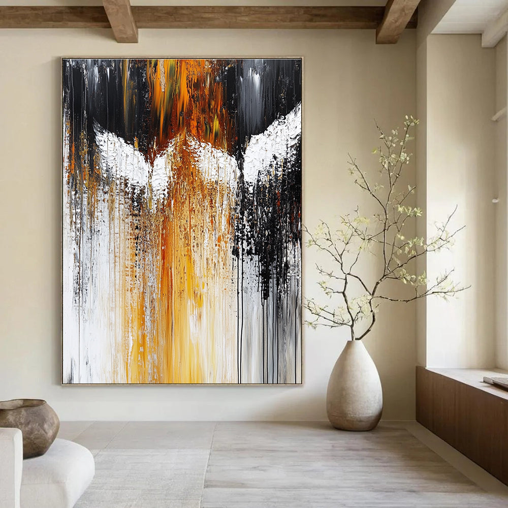 Large abstract painting featuring white angels with dark gray and amber hues heavy brush strokes and dripping paint in an expressive style.STSC203