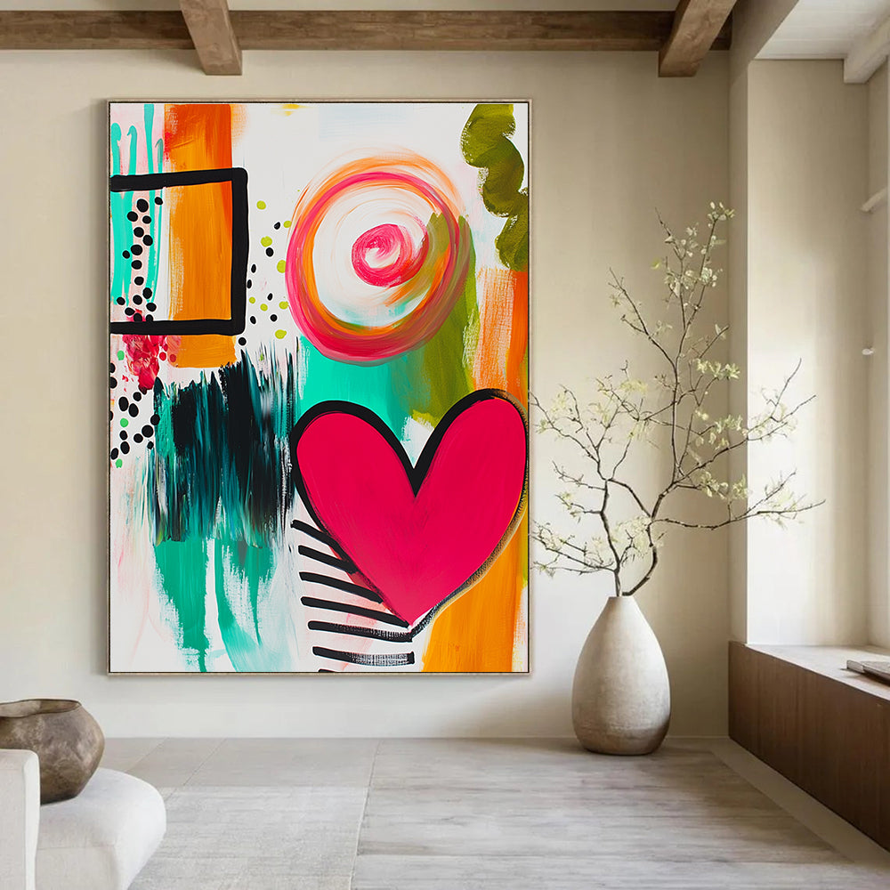 Large abstract painting featuring bold lines bright colors stripes and dots with a joyful heart shape and lively green swirls.STSC745