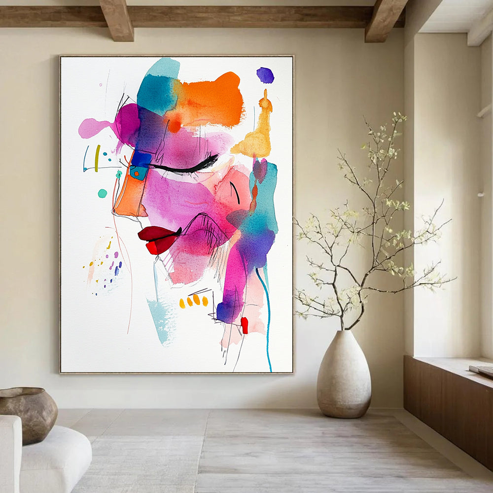 A large abstract painting featuring vibrant colors and loose brushstrokes, highlighting a whimsical face in a contemporary minimalist style.STSC1194