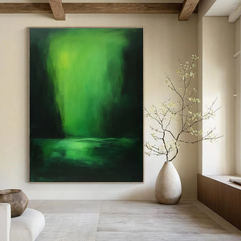 Large abstract painting of a green sea featuring vibrant light and dark colors inspired by Zdzisław Beksiński in oil on canvas.STSC287