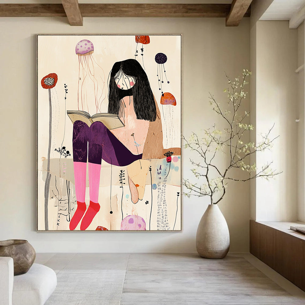 A large abstract collage featuring an eccentric woman with long legs in pastel pink socks and dark purple pants amid whimsical jellyfish and wildflowers.STSC1237