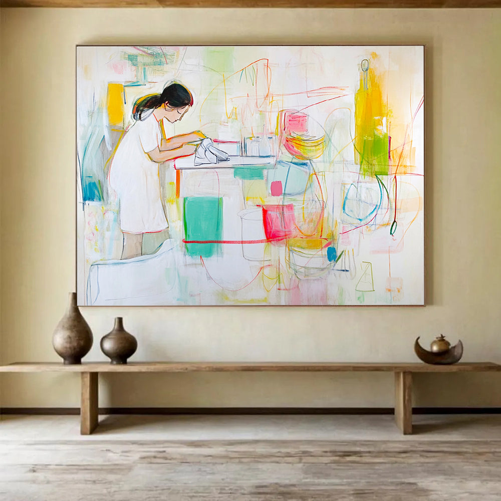 Figurative Kitchen Scene Abstract Painting with Colorful Elements DYP325