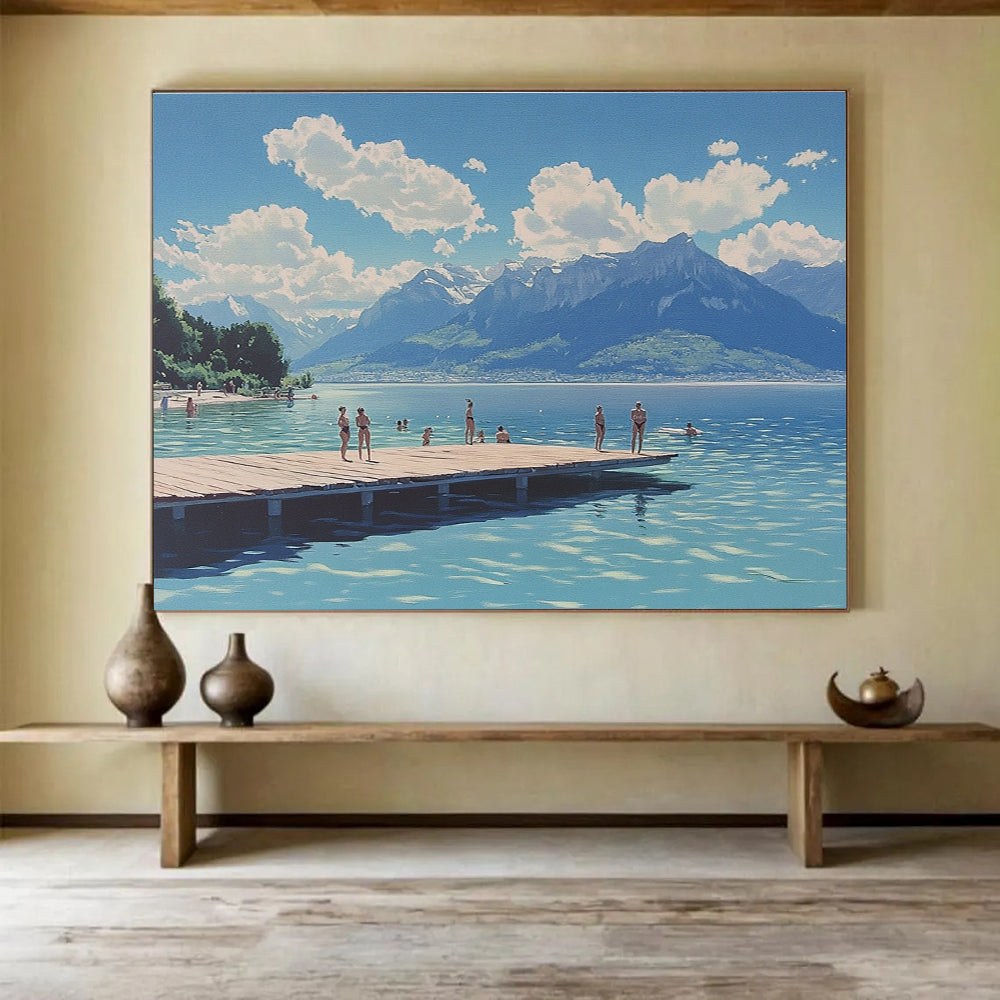 Large abstract painting depicting swimmers at Lake Neuchâtel with mountains clouds and a wooden platform under a blue sky.SC472