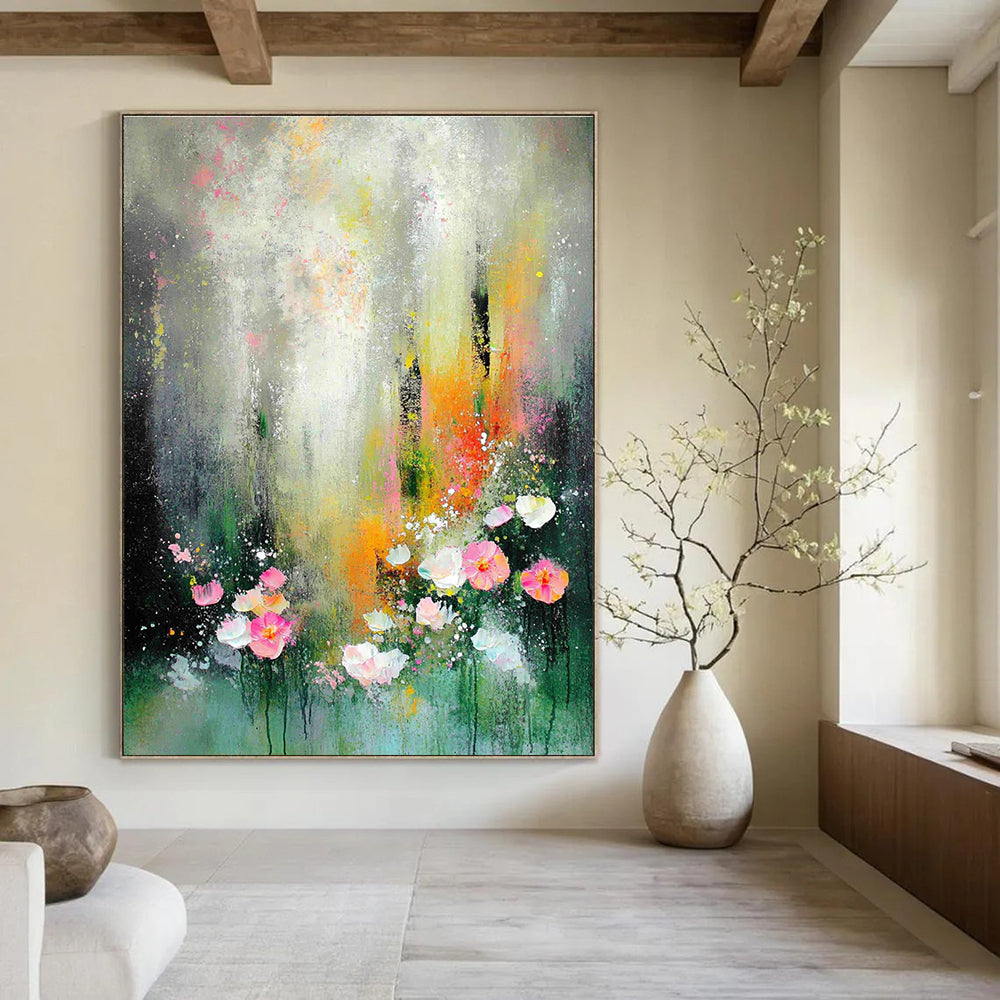 Abstract painting featuring a dreamy garden scene with soft lighting and muted colors in a vintage style.STSC1301