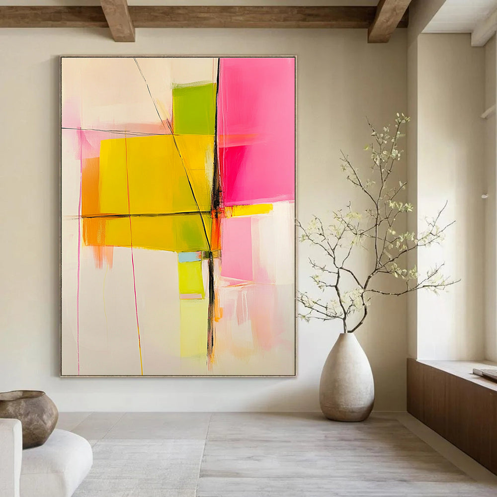 Large abstract painting with pink yellow and green color blocks and lines on a white background featuring warm tones and minimalist brushstrokes.STSC443
