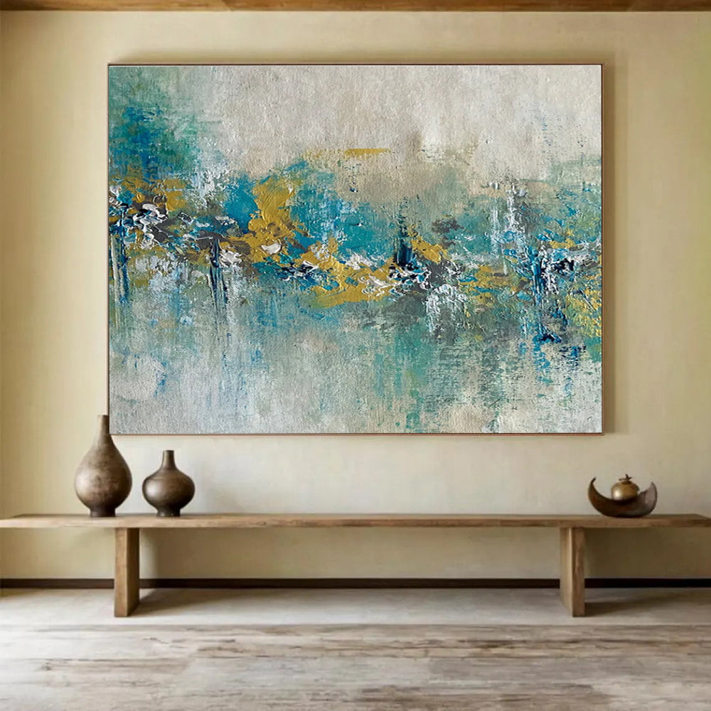 Teal Gold Abstract Painting with Nature - Inspired Shapes THY342