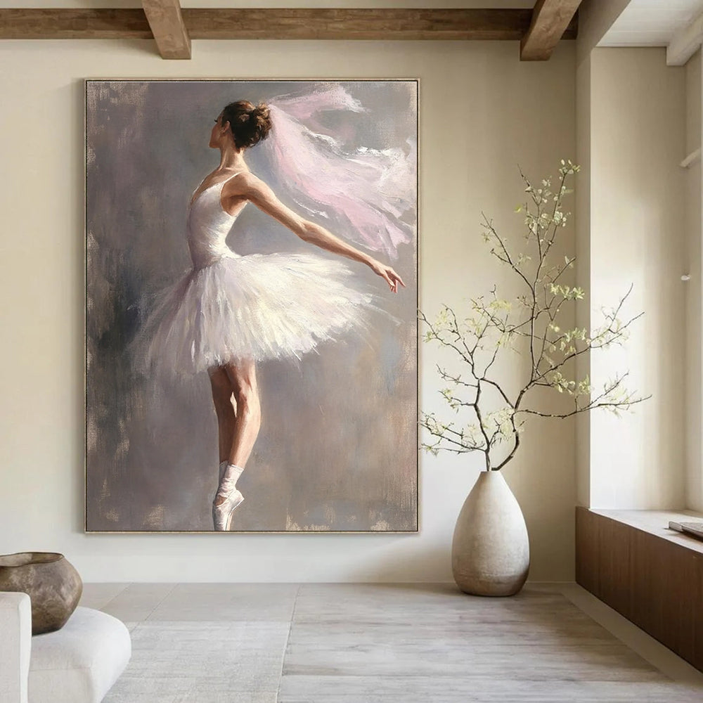 A large abstract painting of a graceful ballerina in a white tutu against a muted gray background capturing elegance and beauty in motion.STSC1004