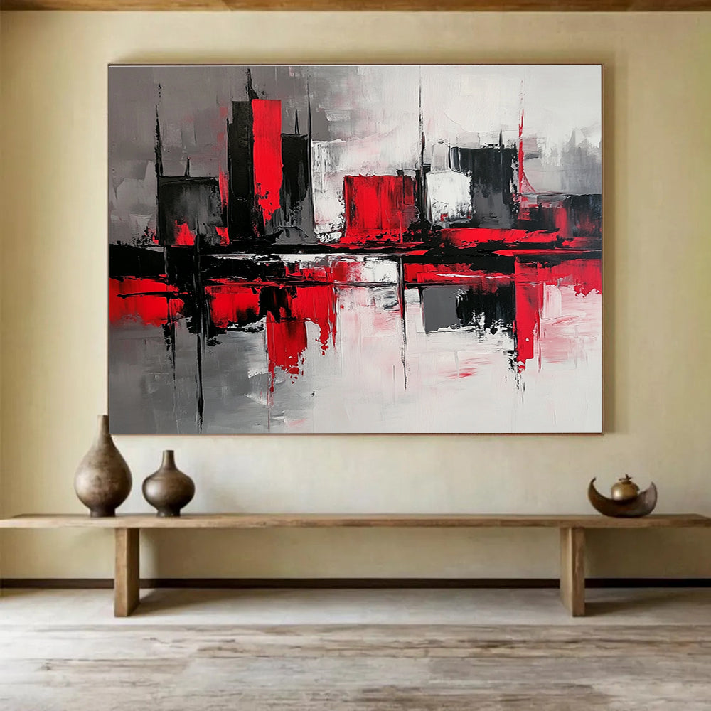 Abstract painting with gray and red color blocks depicting a minimalist urban street scene with reflective water surfaces and a mysterious atmosphere.SC239