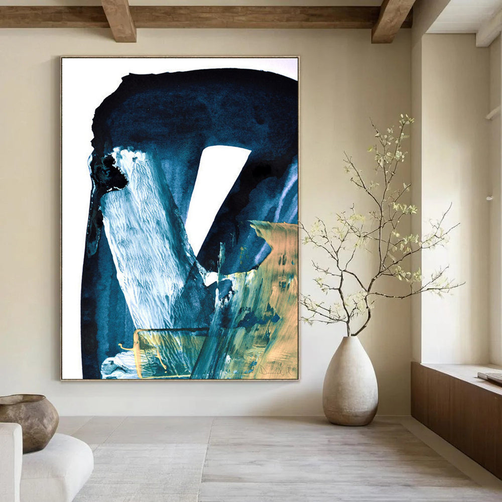Blue and Gold Abstract with Textured Layers Painting ADGE190