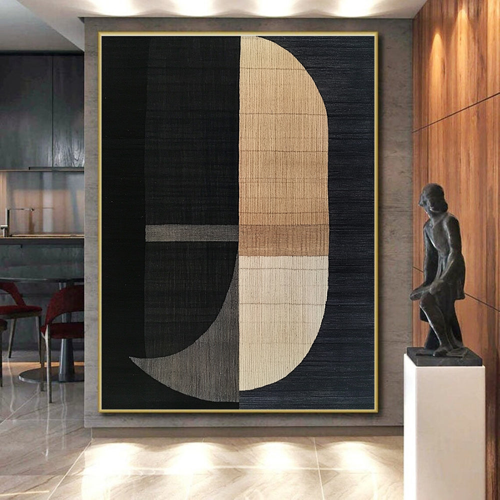 Black and Beige Geometric Abstract Painting with Textured Shapes GER180