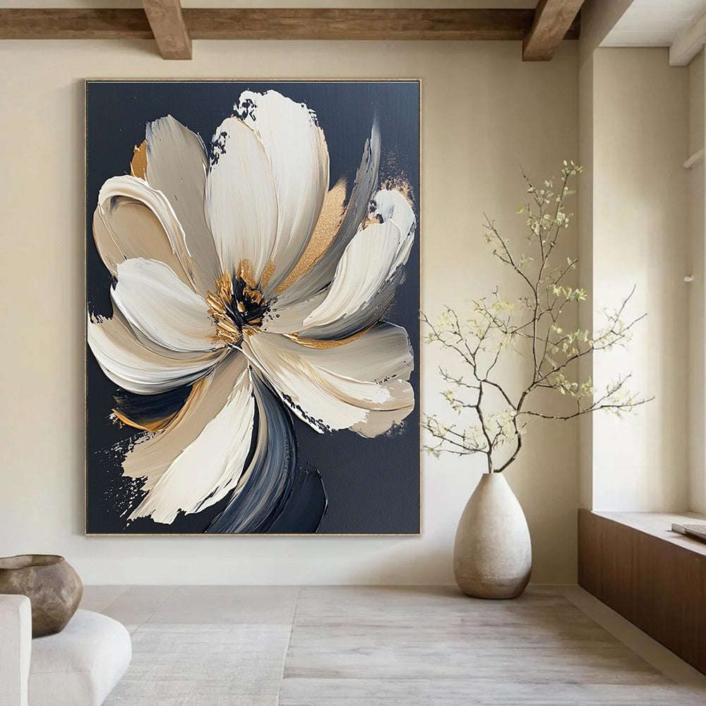 Large Abstract Painting Featuring A White Flower With Gold Accents Bold Brush Strokes And Neutral Colors Set Against A Black Background.STSC293