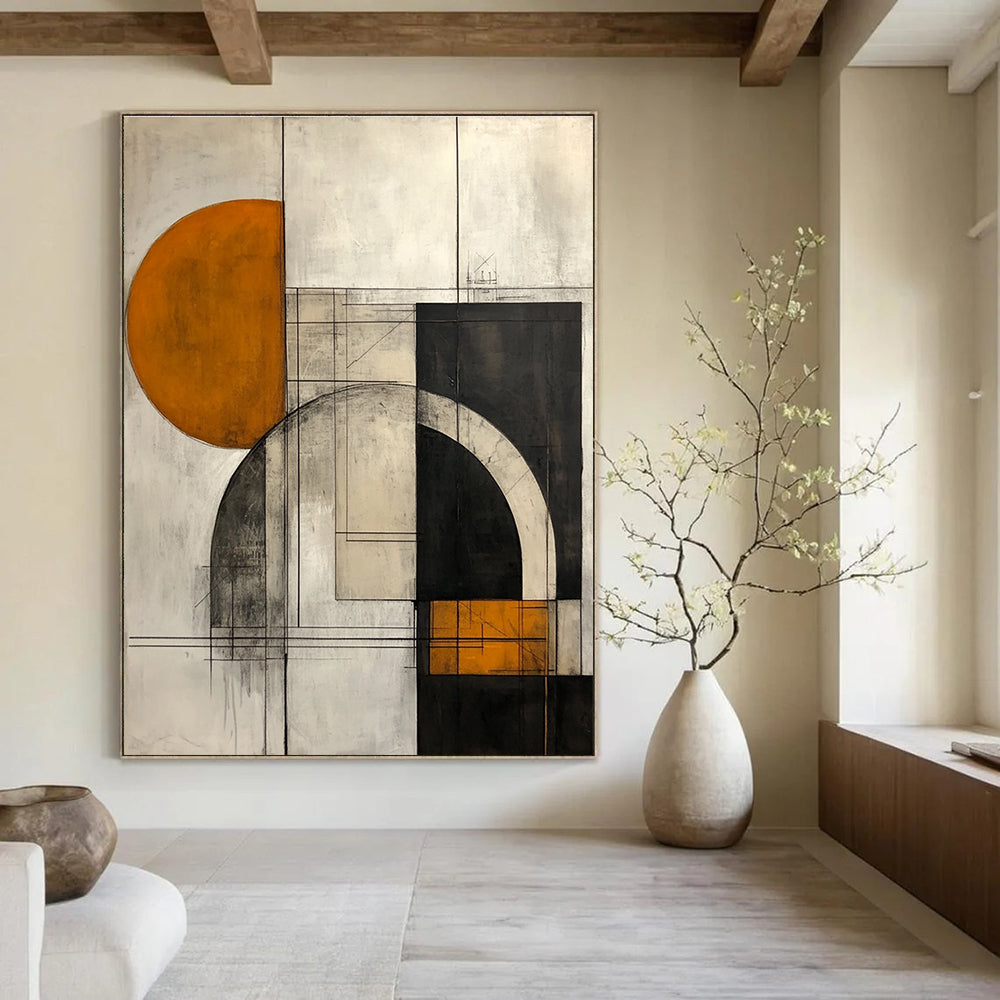 Large abstract painting featuring geometric shapes in gray mustard yellow and copper with architectural elements on a white background.STSC754