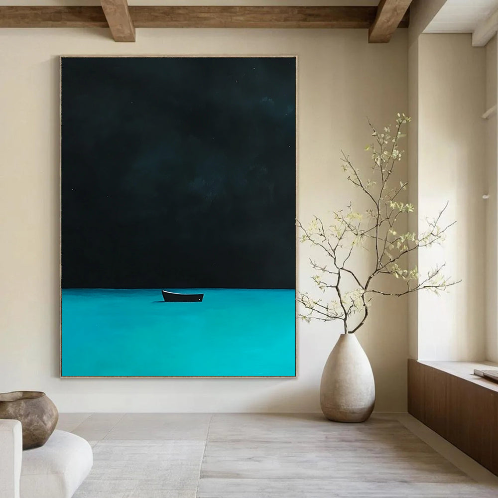 A large abstract painting depicting a distant boat on turquoise waters under a night sky inspired by David Hockney's style.STSC1198
