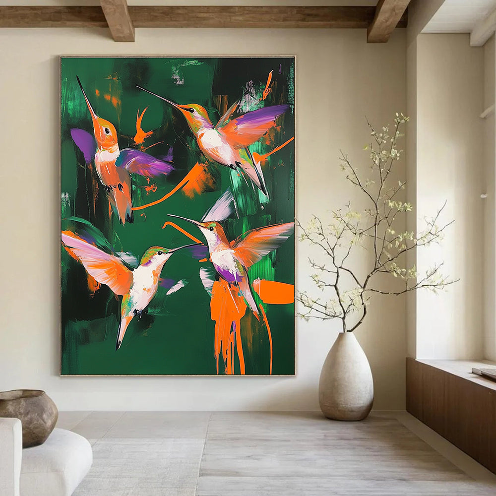 Large abstract painting featuring hummingbirds in vibrant colors with dark green background and bold brush strokes, inspired by Dorothea Tanning's surrealistic style.STSC1014