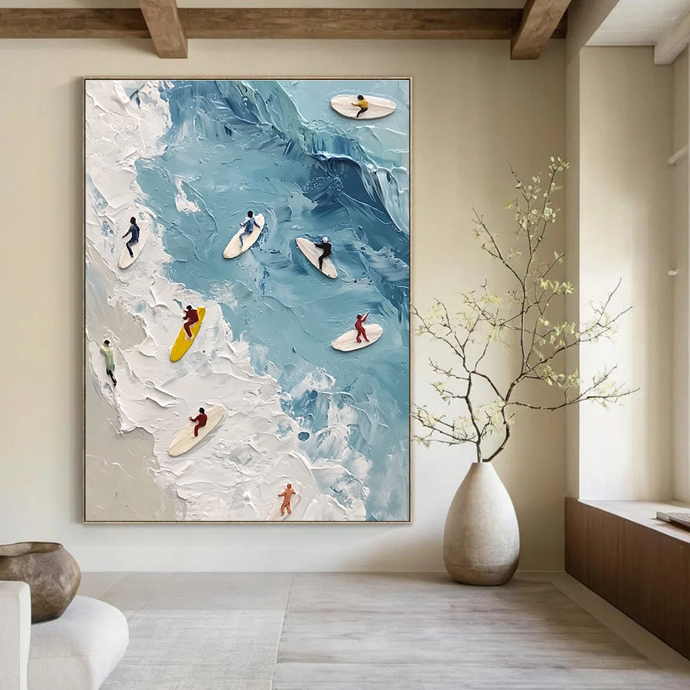 Large abstract painting of surfers on soft blue waves with a wet oil effect featuring soft colors and subtle figures floating in the water.STSC1436