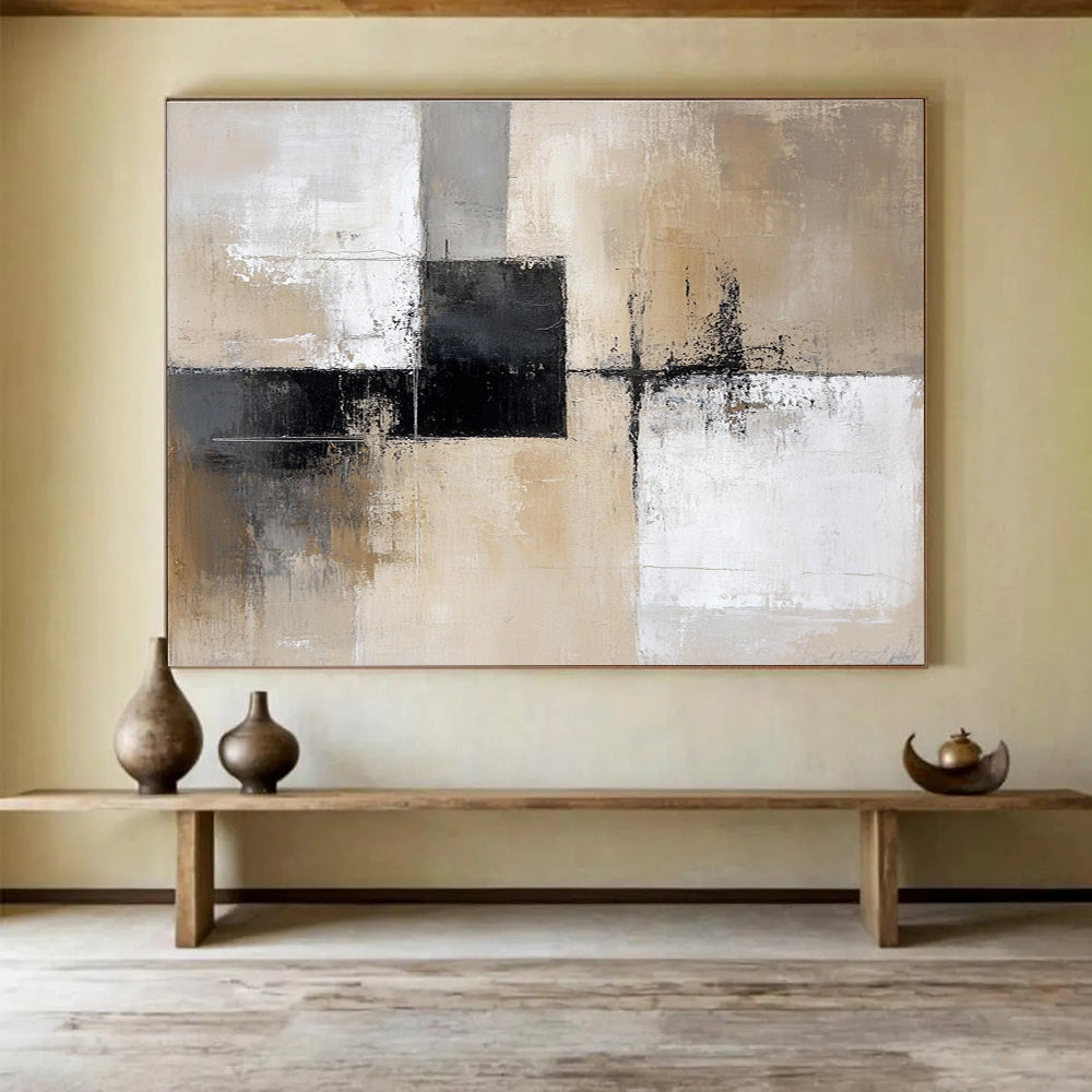 Neutral Geometric Abstract Painting with Beige and Black Tones DYP527