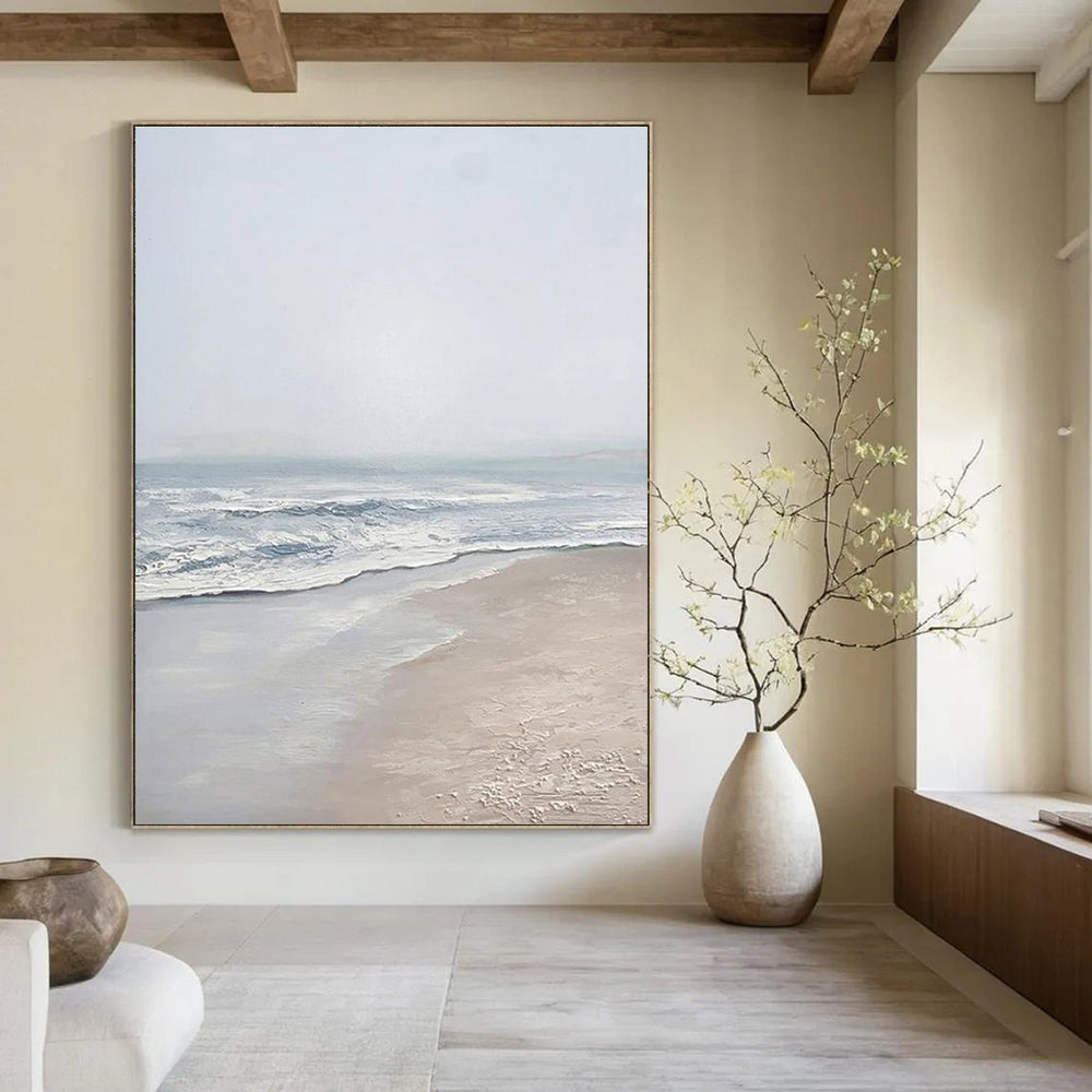 Light - toned Beach Scene Abstract Painting with Blue and Beige ADGE310