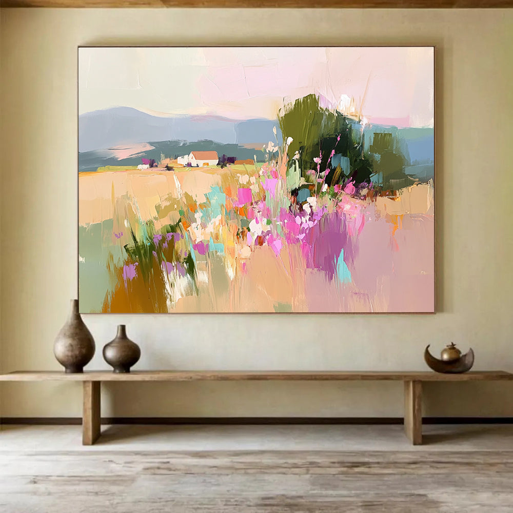 Colorful Rural Landscape Abstract Painting with Vivid Florals and Fields DYP263