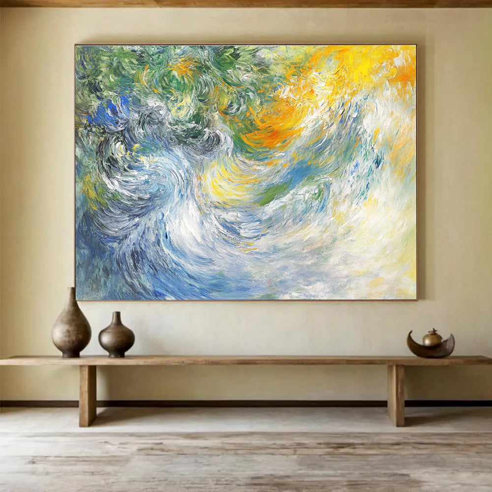 A large abstract painting of white water waves with expressive brush strokes soft colors and a dynamic interplay of light and movement.SC414
