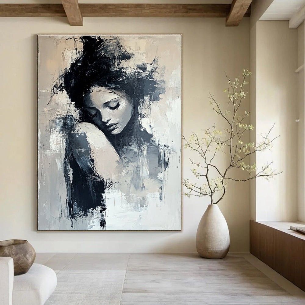 Large Abstract Painting Featuring A White Flower With Gold Accents Bold Brush Strokes And Neutral Colors Set Against A Black Background.STSC297