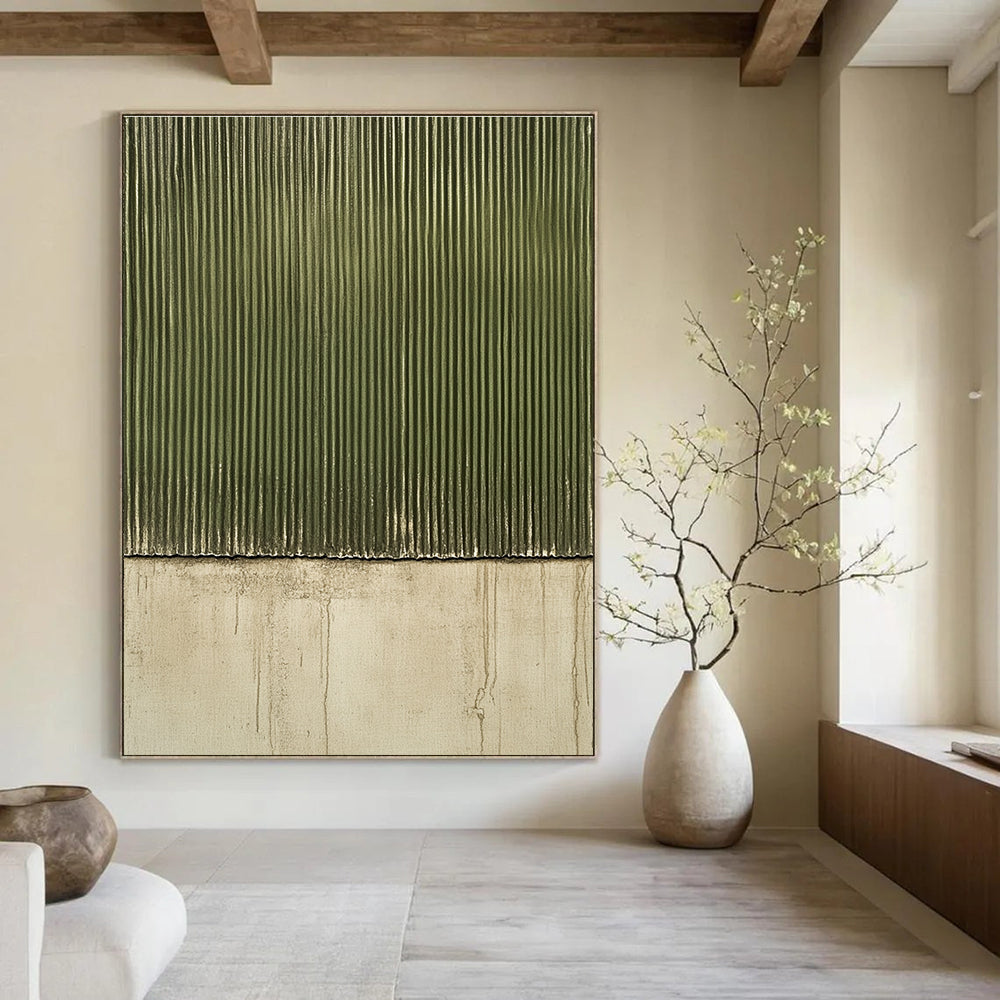 Large abstract painting featuring a textured green corrugated surface on a dark gray background with a grainy oil painting effect.STSC958