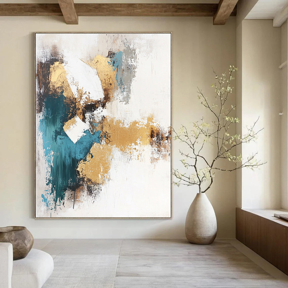 Large abstract painting in beige and teal tones featuring gold foil accents on a white background. Perfect for modern decor.STSC211