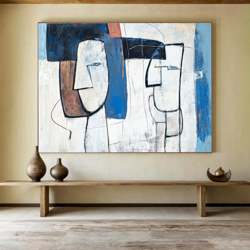 Large abstract painting featuring blue and white figures with brown accents thick lines and simple composition inspired by Picasso's style.SC189