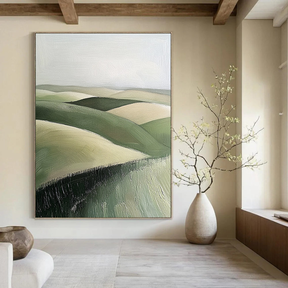 Large Abstract Painting of Green Rolling Hills in Textured Sage and Beige Tones Perfect for Adding Calmness to Any Space.STSC876
