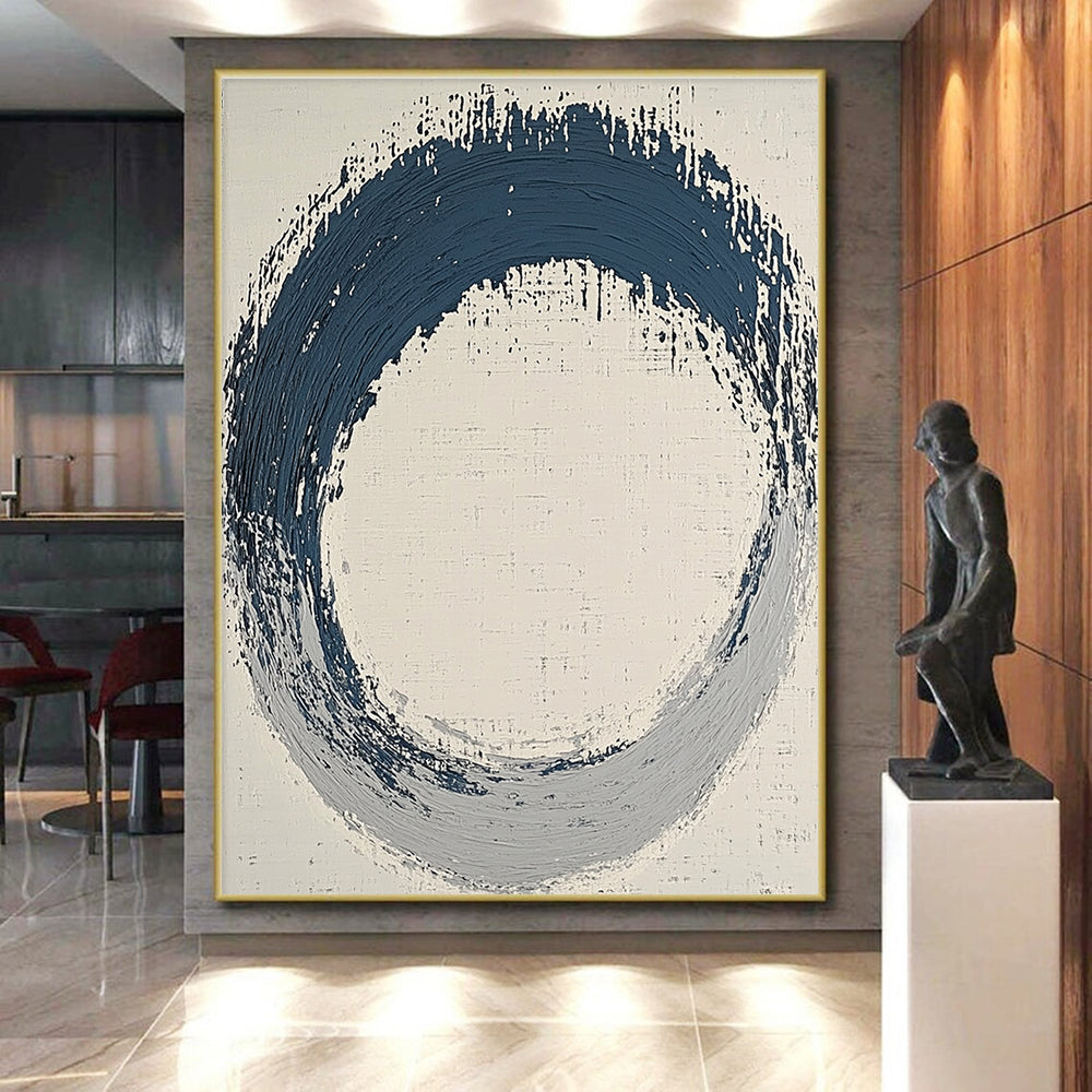 Blue and Gray Circular Abstract Painting with Textured Ring GER125