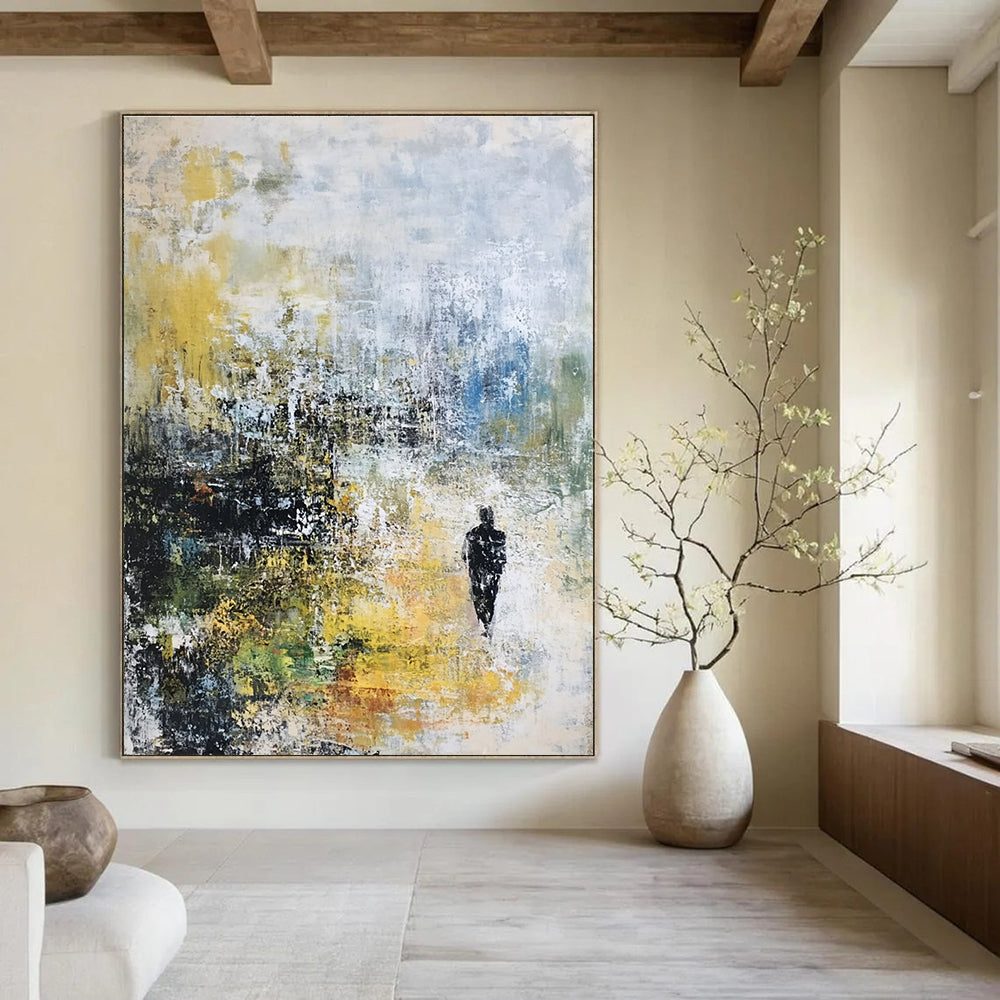 Large abstract painting on canvas with textured layers in pastel tones depicting a serene landscape under rain.STSC237