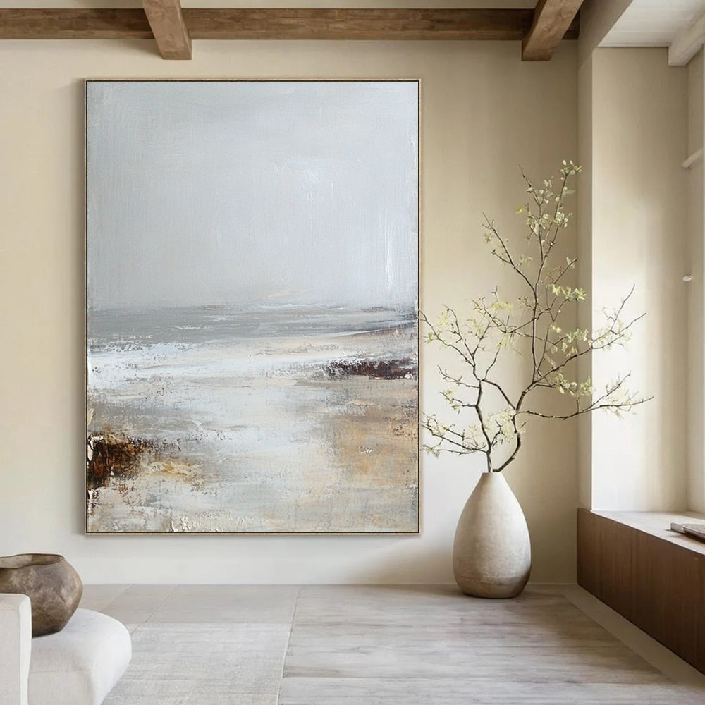 Large abstract painting in soft neutrals of white and gray evokes a calming misty beach atmosphere for serene spaces.STSC232