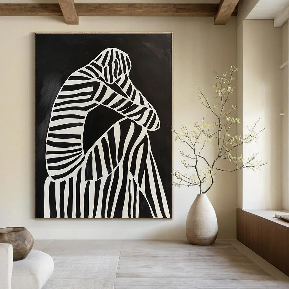 Abstract painting of a black and white figure on a striped chair featuring minimalistic lines and high contrast in a dark background.STSC1111