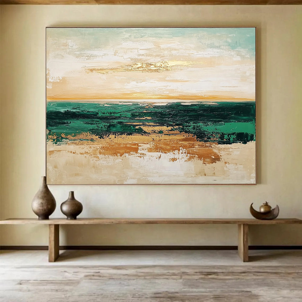 Green Sea Gold Accent Abstract Painting with Layered Horizons DYP265