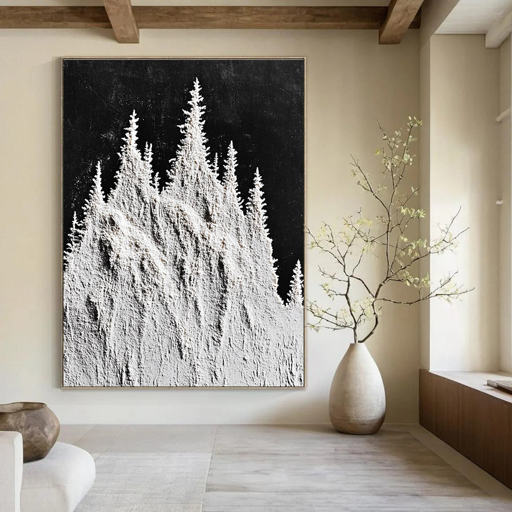 Large abstract painting featuring snow-capped mountain peaks and trees in white powder on a textured black background.STSC1488