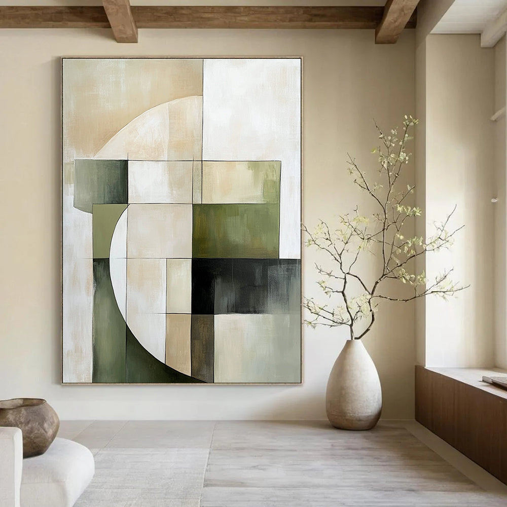 Large abstract painting featuring soft edges geometric forms in green and beige on a neutral background creating an elegant minimalist composition.STSC430