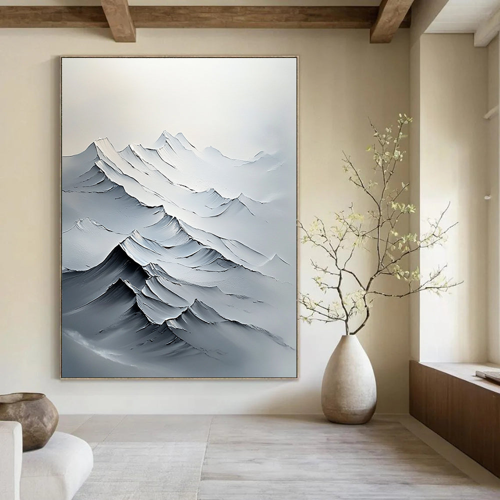 Large abstract painting featuring textured white mountains with bold brush strokes and delicate details in a minimalist composition.STSC1493