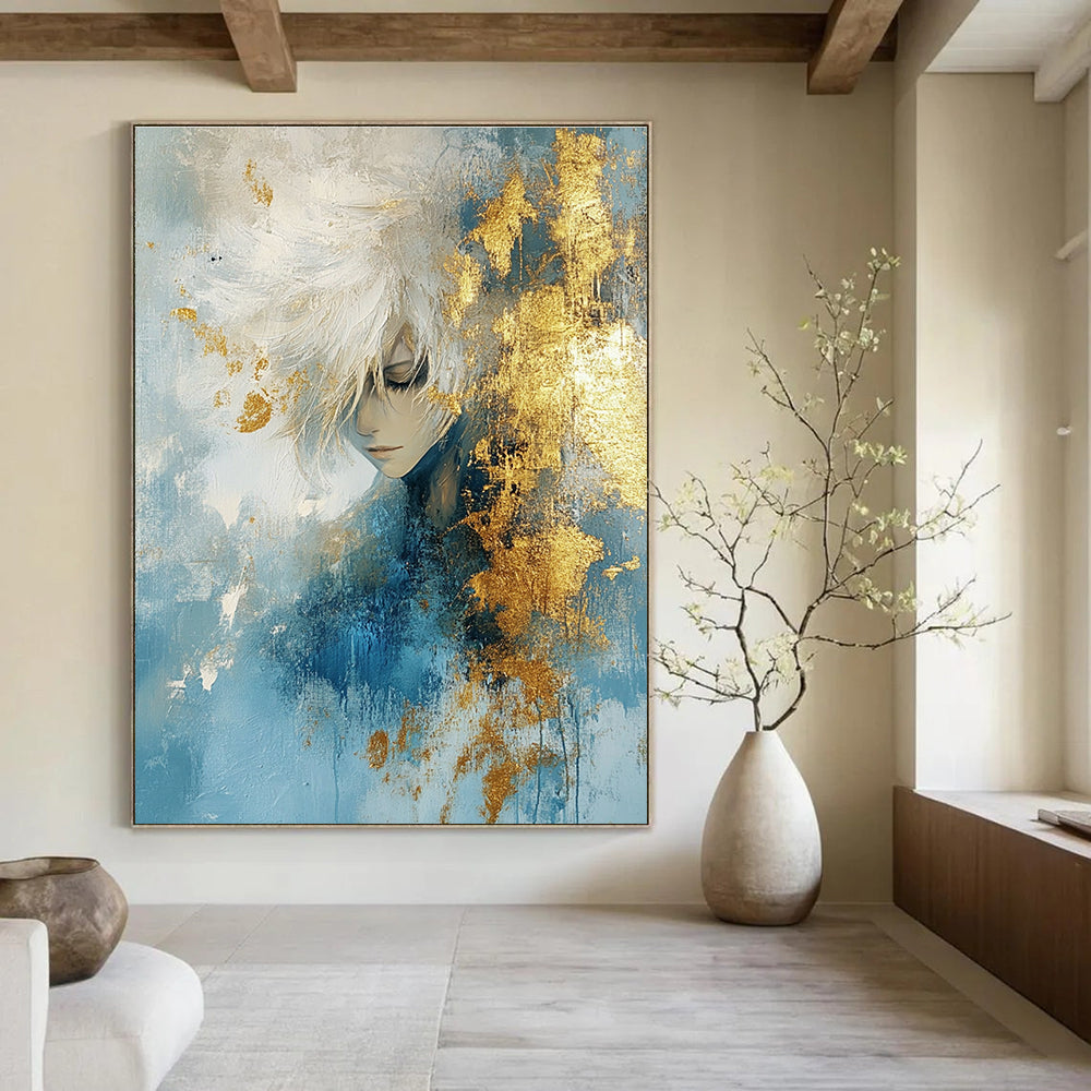 Large abstract painting with textured light blue and gold hues accented by gold foil creating an atmospheric effect.STSC449