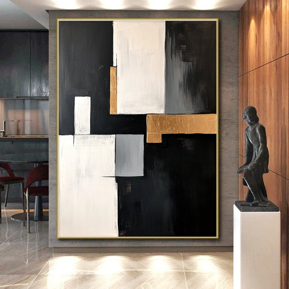 Black White Gray and Gold Abstract Painting with Luxe Elements GER508