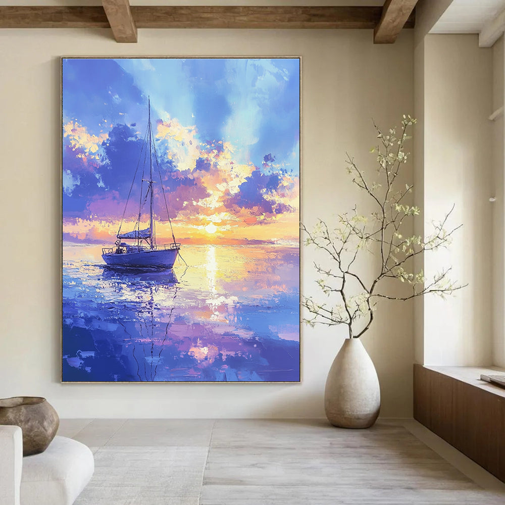 An abstract painting showcasing a beautiful sailboat on a calm sea with pastel hues under a gentle golden hour sky.STSC899