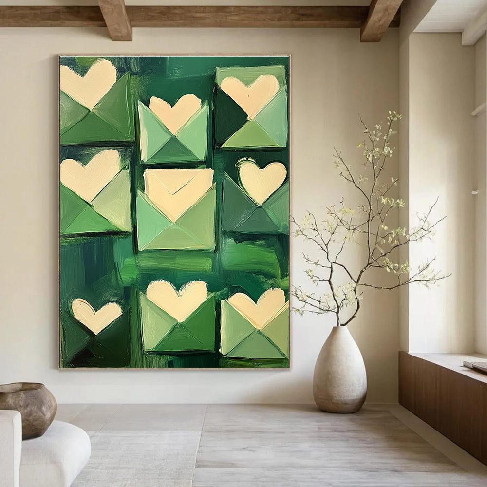 Abstract painting of green envelopes with love letters in shades of emerald and soft pink creating a romantic impressionist atmosphere.STSC1391