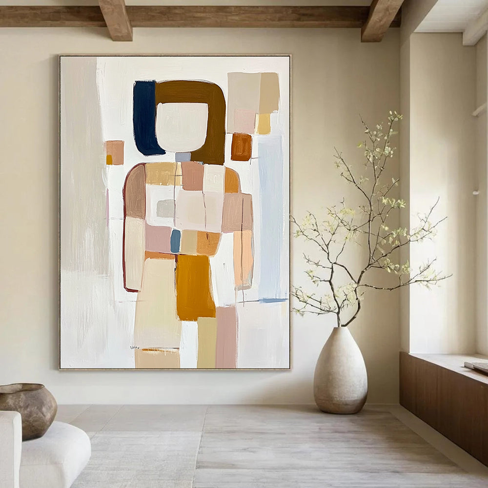 Large abstract painting featuring textured geometric shapes in pastel beige pink and blue on a soft white background creating a sense of movement and depth.STSC241