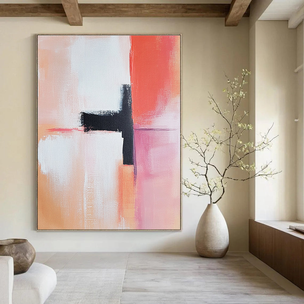 Large abstract painting featuring light pink peach and white tones with a dark red accent oil on canvas in the style of Henri Matisse.STSC819