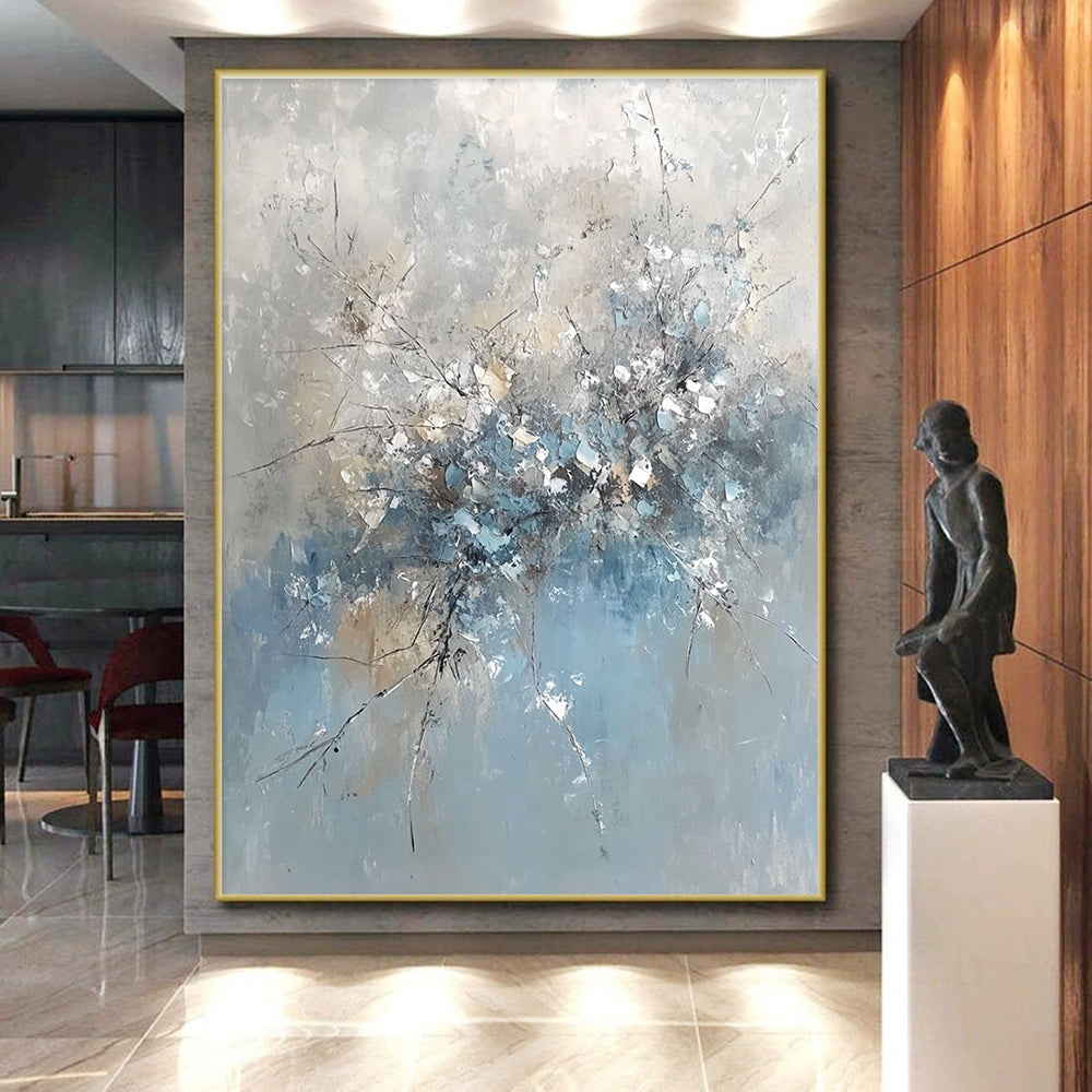 Blue and Gray Abstract Floral Painting with Textured Blooms GER653