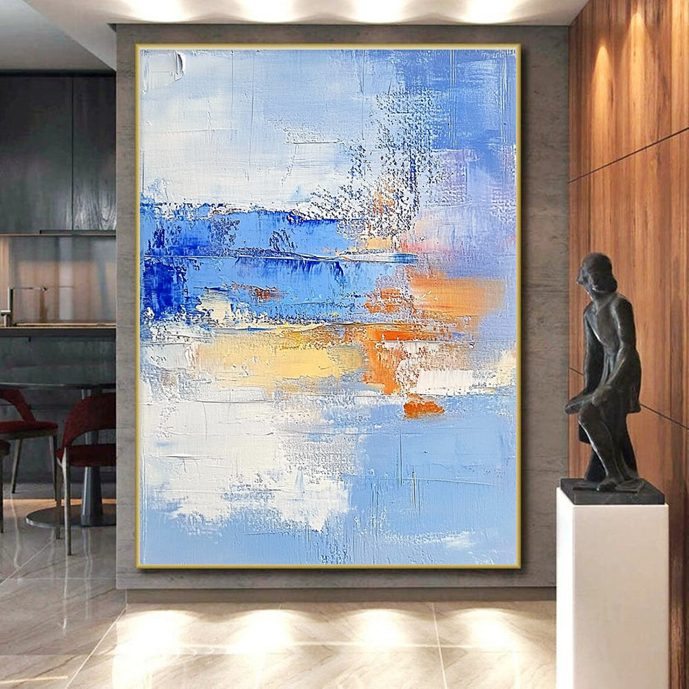 Light Blue and Orange Abstract Painting with Textured Layers GER617