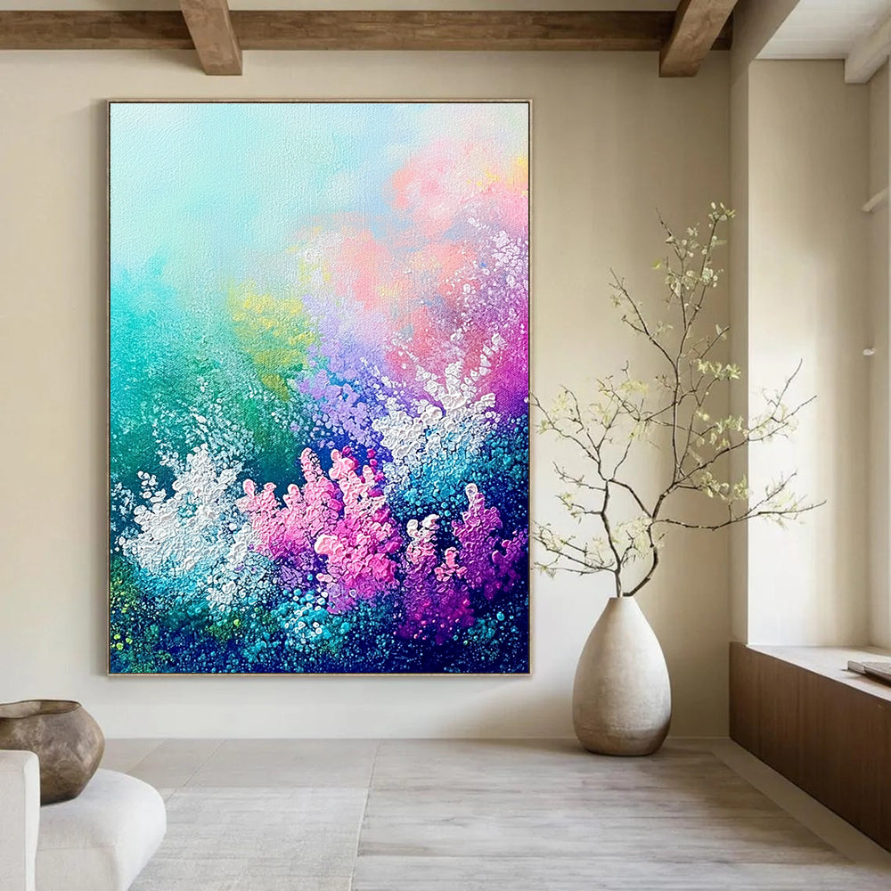Large abstract painting of an underwater garden featuring vibrant coral sea flowers and plants in soft pastel hues.STSC1119