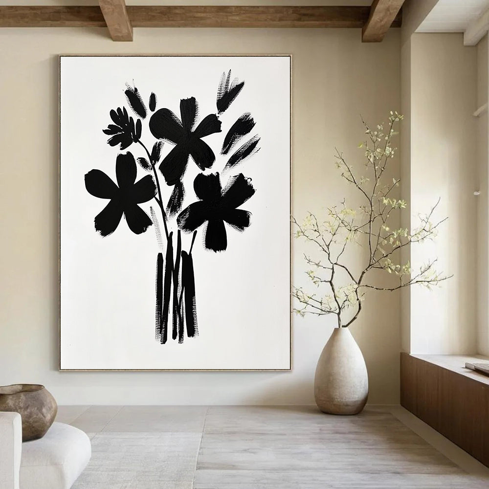 A large abstract painting featuring a bouquet of flowers in black brush strokes on white paper inspired by Matisse and Hockney's minimalistic styles.STSC925