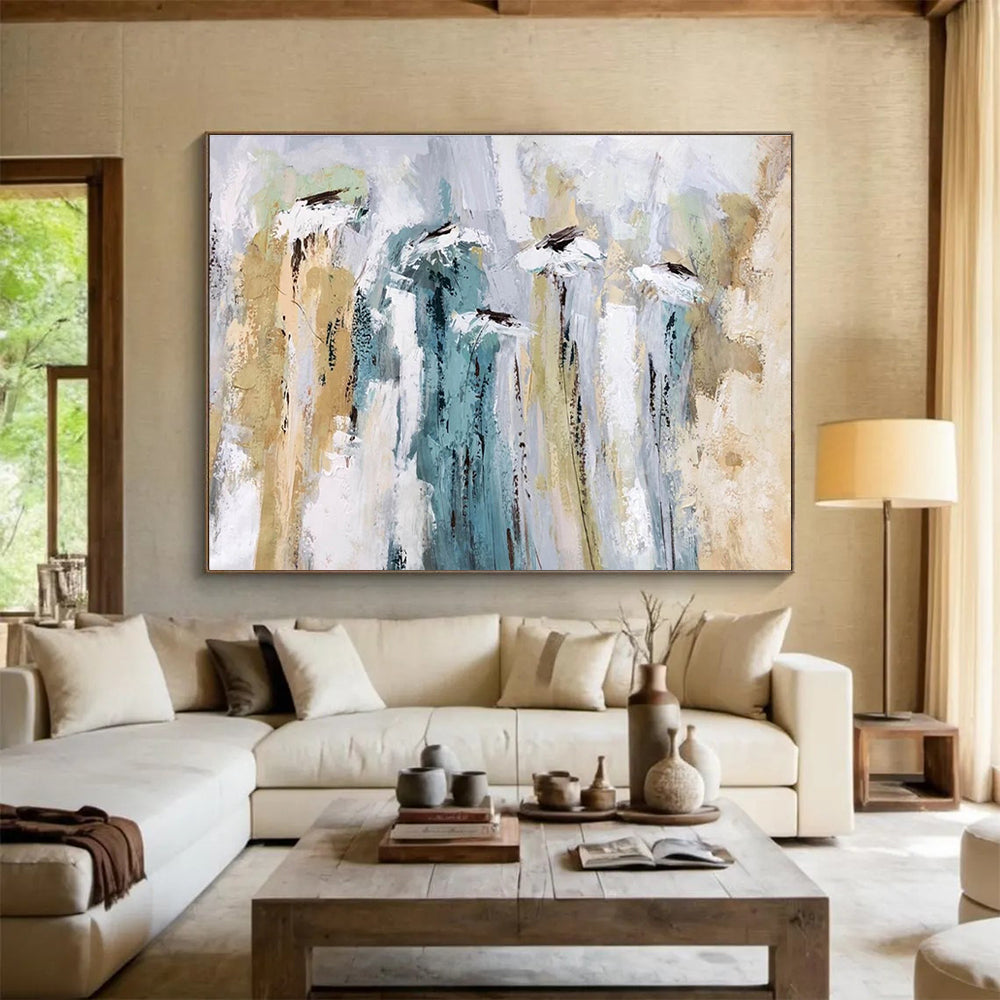 Floral Abstract Painting with Soft Green and Beige Tones THY155
