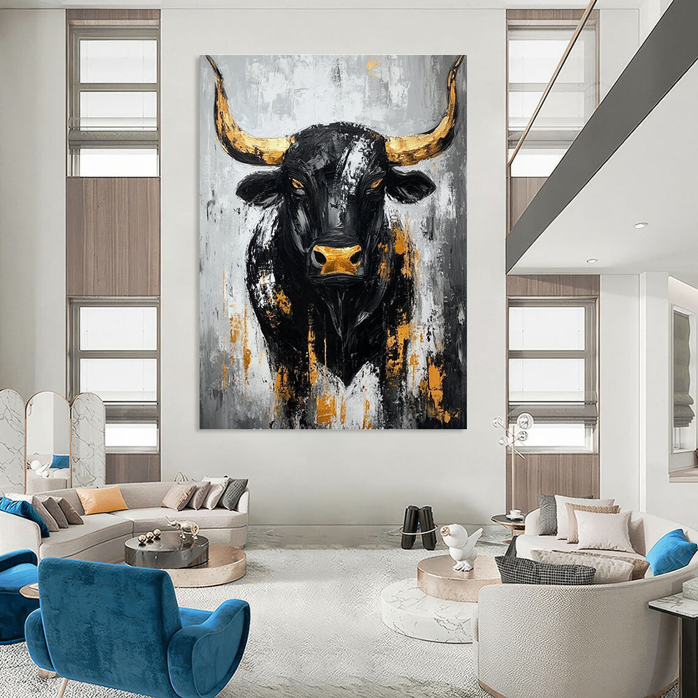 Large abstract painting of a black bull with gold accents against a gray background featuring bold brush strokes and textured impasto technique.STSC027