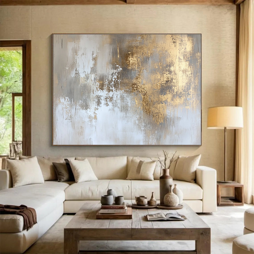 Abstract painting with faded gold and white hues featuring distressed textures and subtle gradients for elegant wall art and interior design.SC234