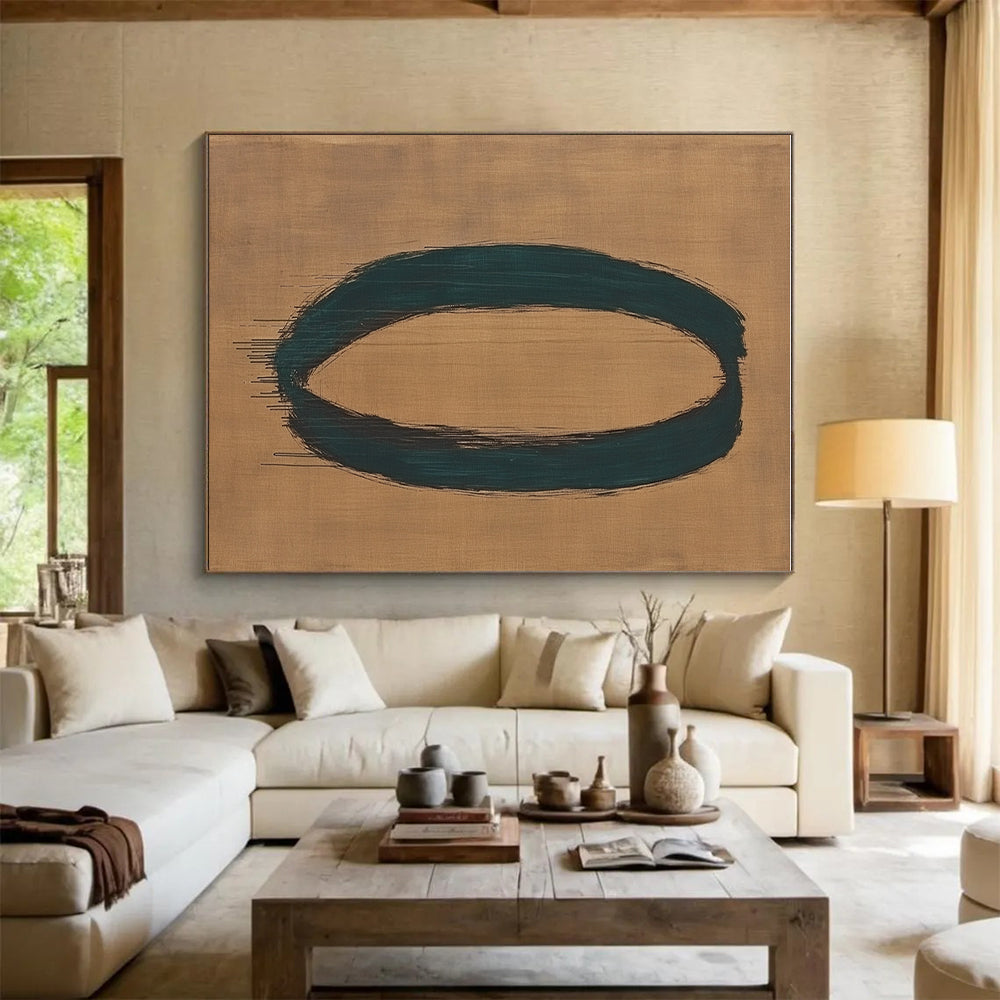 Teal Oval on Beige Abstract Painting with Expressive Brushstrokes GER033